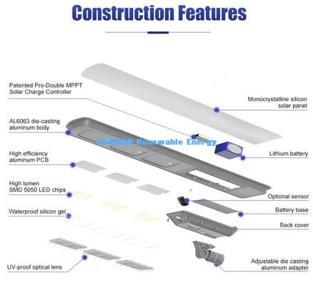 30W LiFePO4 batterij Zonne-Straatlicht All In One Design Waterdicht Buiten Zonne-LED Straatlamp